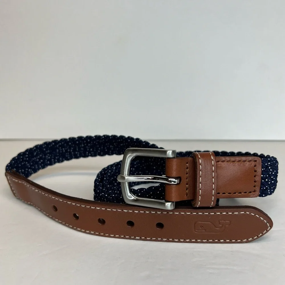 Vineyard Vines Boys Flecked Braided Bungee Belt Navy/White Size 30 New W/O Tags